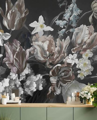 dark floral wall mural with bouquet of peonies