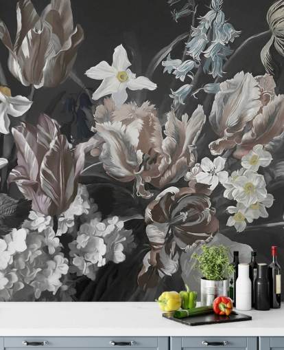 mural de parede floral escuro com buquê de peônias mural de parede floral escuro com buquê de peônias