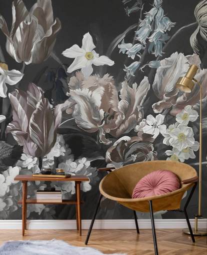 dunkles florales Wandbild mit Strauß Pfingstrosen