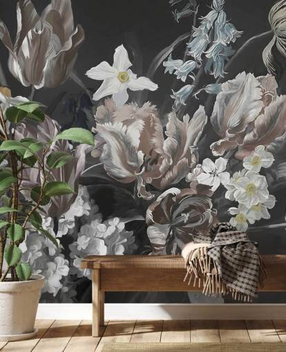 mural de parede floral escuro com buquê de peônias