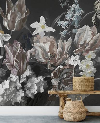 mural de pared floral oscuro con ramo de peonías mural de pared floral oscuro con ramo de peonías