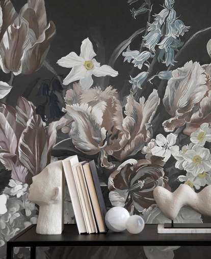 mörk blommig väggmålning med bukett av pioner mörk blommig väggmålning med bukett av pioner