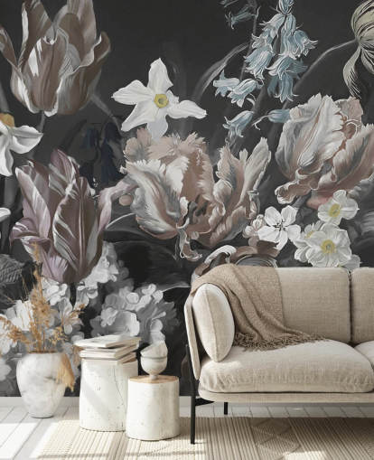 mural de pared floral oscuro con ramo de peonías