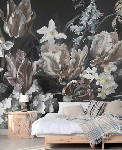 dark floral wall mural with bouquet of peonies