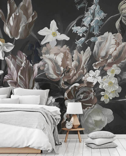 mörk blommig väggmålning med bukett av pioner mörk blommig väggmålning med bukett av pioner