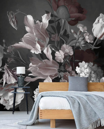 mural de pared floral oscuro con ramo de tulipanes