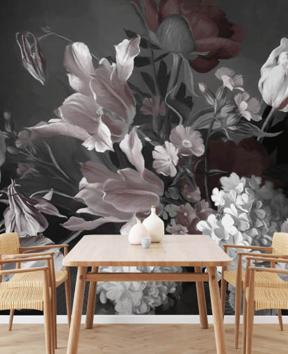 mørkt blomstermaleri med buket tulipaner