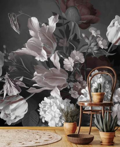 dark floral wall mural with bouquet of tulips