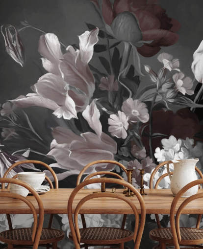 mural de parede floral escuro com buquê de tulipas