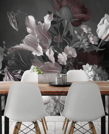 mørkt blomsterveggmaleri med bukett tulipaner