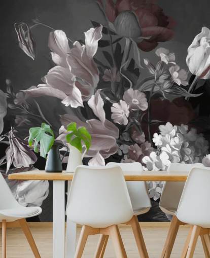 mørkt blomsterveggmaleri med bukett tulipaner