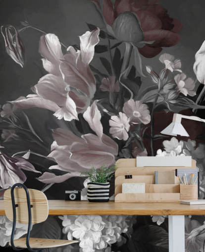 dark floral wall mural with bouquet of tulips