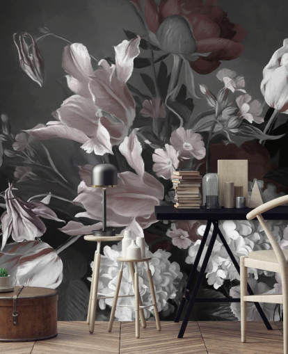 mural de pared floral oscuro con ramo de tulipanes