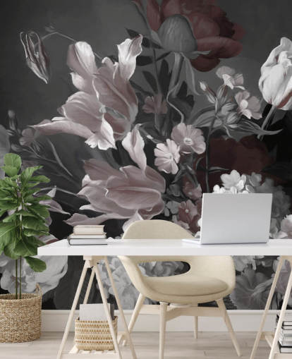 dark floral wall mural with bouquet of tulips