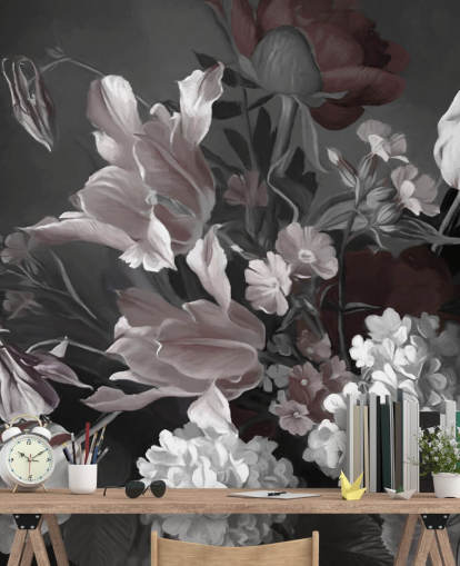 dark floral wall mural with bouquet of tulips
