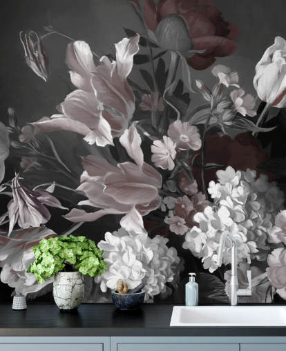 mural de pared floral oscuro con ramo de tulipanes mural de pared floral oscuro con ramo de tulipanes