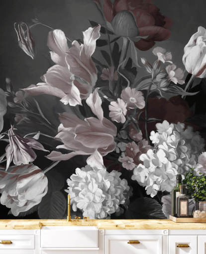 fresque murale florale foncée avec bouquet de tulipes