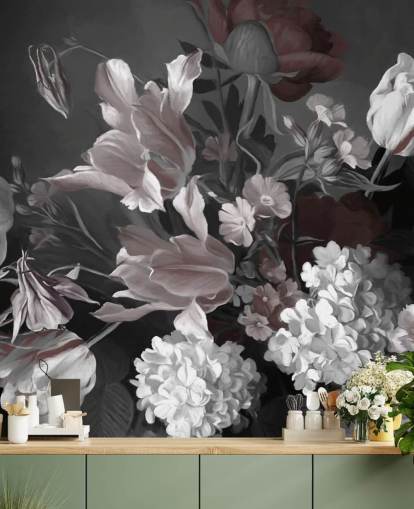 mörk blommig väggmålning med bukett tulpaner mörk blommig väggmålning med bukett tulpaner
