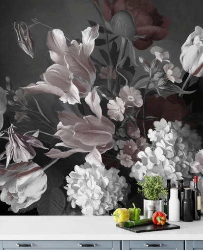 dark floral wall mural with bouquet of tulips