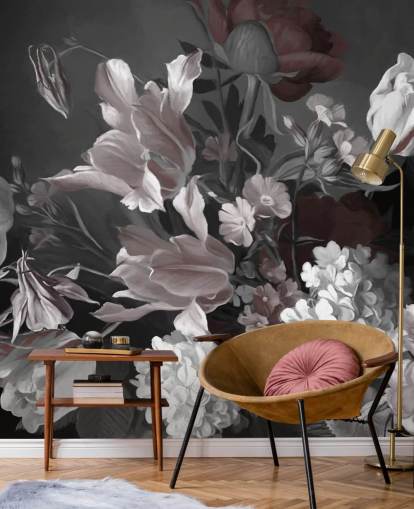 mural de parede floral escuro com buquê de tulipas
