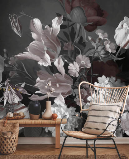 mørkt blomsterveggmaleri med bukett tulipaner mørkt blomsterveggmaleri med bukett tulipaner