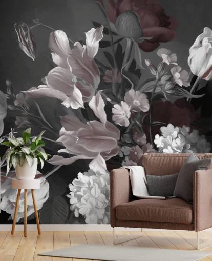 mörk blommig väggmålning med bukett tulpaner