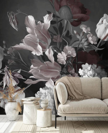 donkere bloemenmuurschildering met boeket tulpen