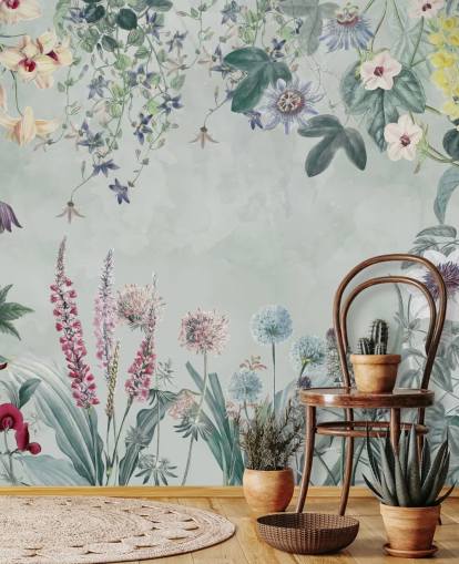 prachtige aanpasbare bloemenmuurschildering in lichtblauw van Marina Stupakova voor de slaapkamer