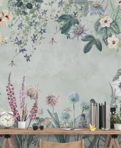 magnifique peinture murale florale personnalisable en bleu pâle de Marina Stupakova pour chambre