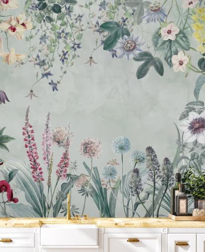 bellissimo murale floreale personalizzabile in blu pallido di Marina Stupakova per camera da letto