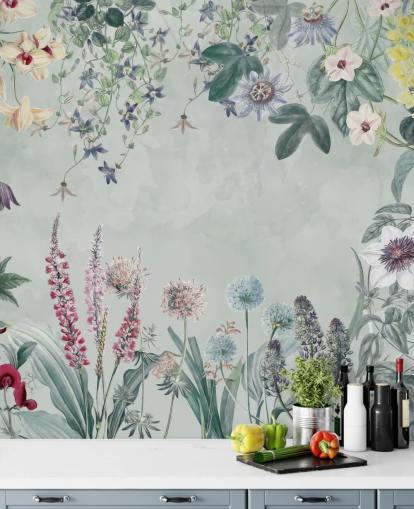 beautiful customisable floral mural in pale blue by Marina Stupakova for bedroom