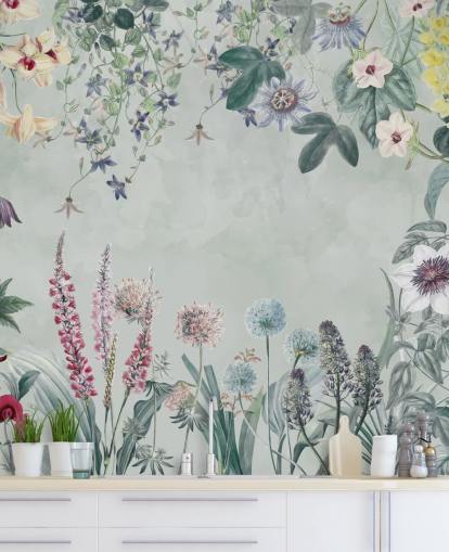 wunderschönes personalisierbares Blumenwandbild in Hellblau von Marina Stupakova für Schlafzimmer