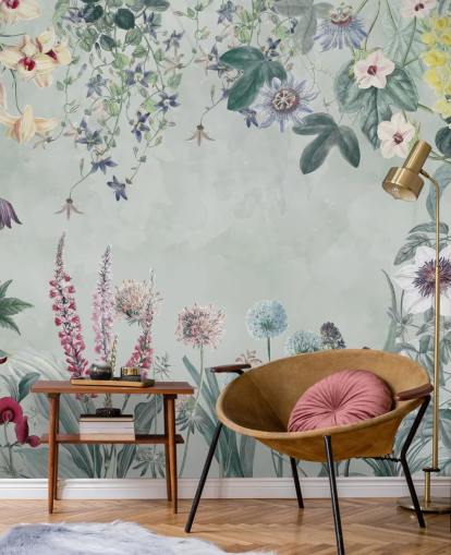 hermoso mural floral personalizable en azul pálido de Marina Stupakova para dormitorio