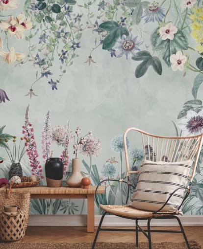beautiful customizable floral mural in pale blue by Marina Stupakova for bedroom