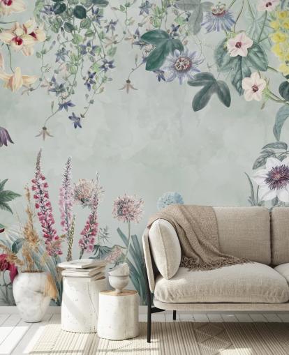 prachtige aanpasbare bloemenmuurschildering in lichtblauw van Marina Stupakova voor de slaapkamer