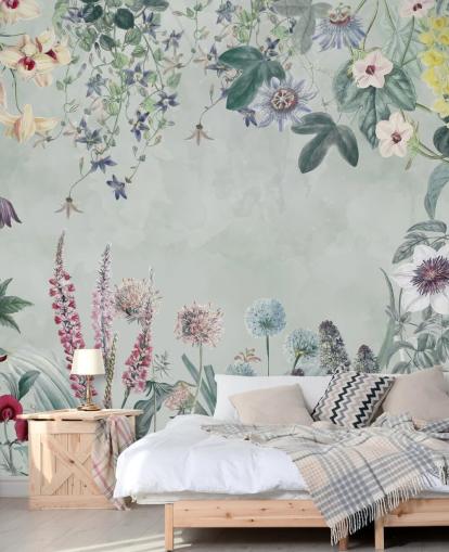 prachtige aanpasbare bloemenmuurschildering in lichtblauw van Marina Stupakova voor de slaapkamer