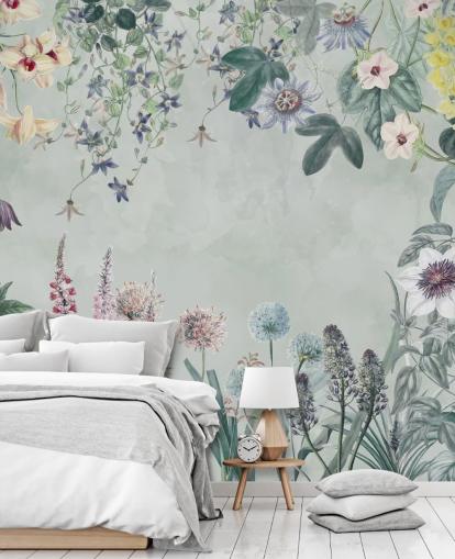 lindo mural floral personalizável em azul claro de Marina Stupakova para quarto