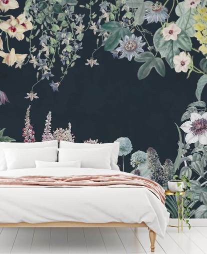 magnifique peinture murale florale en bleu marine