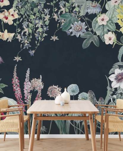 beautiful floral mural in navy