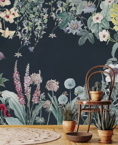 lindo mural floral em azul marinho