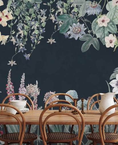 beautiful floral mural in navy