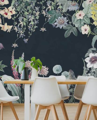 beautiful floral mural in navy