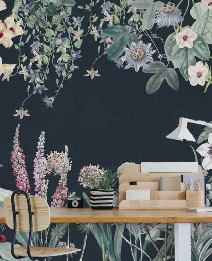 hermoso mural floral en azul marino