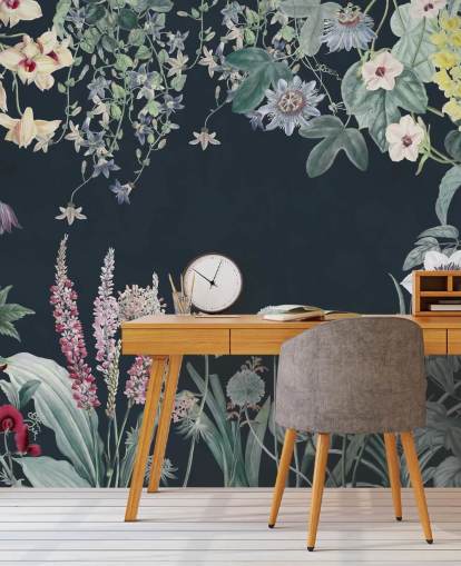 hermoso mural floral en azul marino