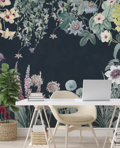 magnifique peinture murale florale en bleu marine