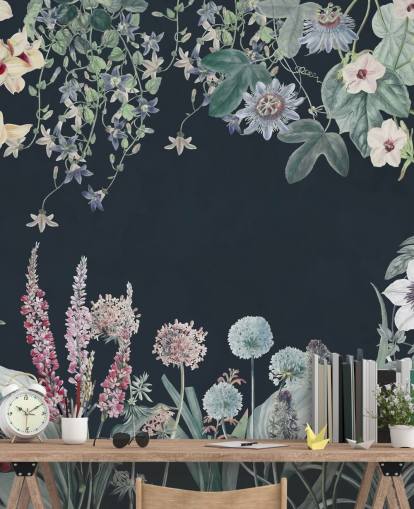 hermoso mural floral en azul marino hermoso mural floral en azul marino