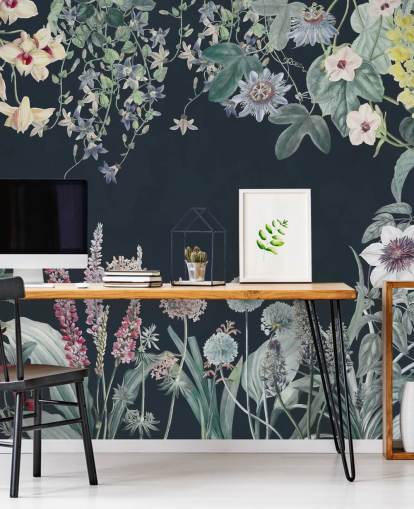 magnifique peinture murale florale en bleu marine