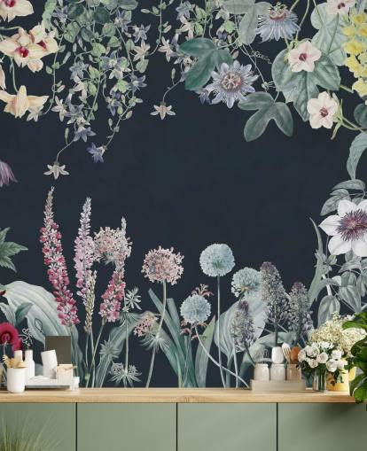 beautiful floral mural in navy