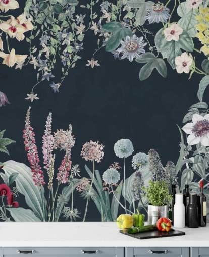magnifique peinture murale florale en bleu marine