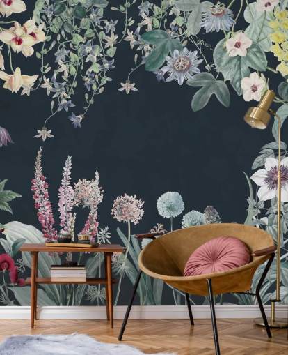 beautiful floral mural in navy